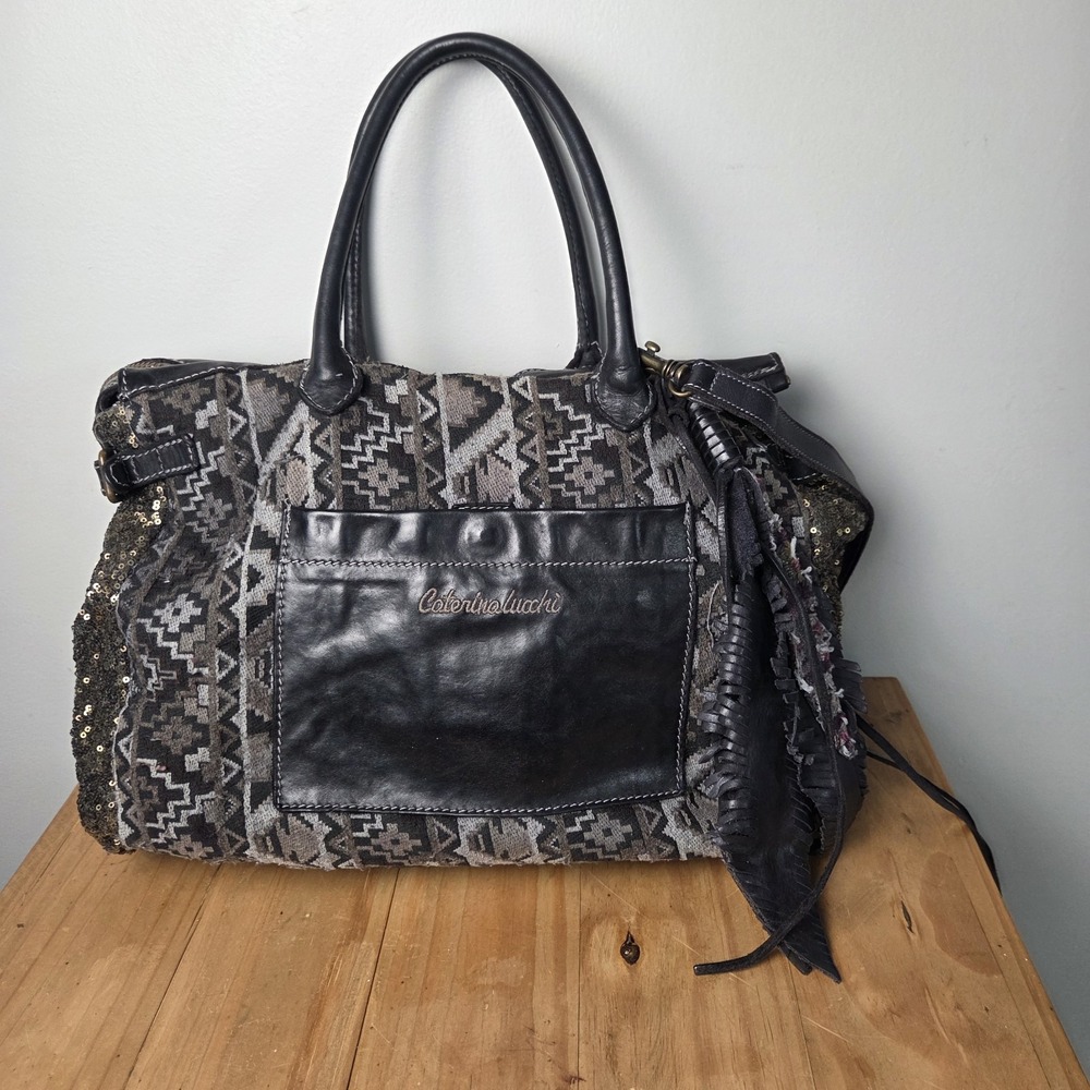 Caterina Lucchi Italy Leather Tapestry Sequin Boho Tote Shoulder Bag Fringe